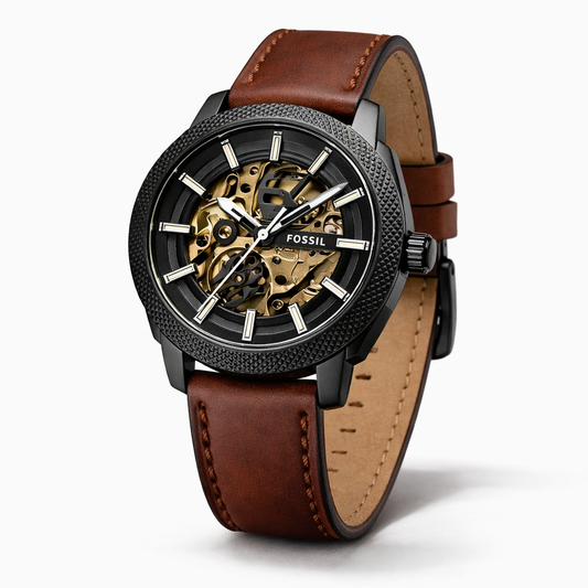 Fossil Automatic Skeleton Black Case Brown Leather Strap