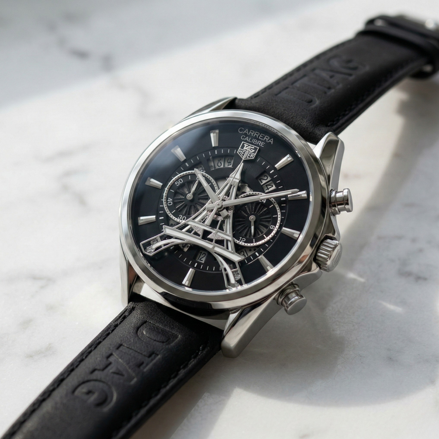 Tag Heuer Eiffel Tower Chronograph Silver Case Black Leather