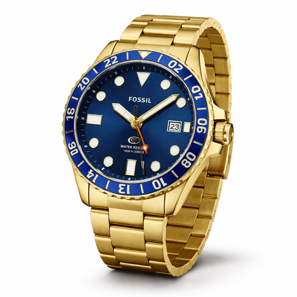 Fossil Diver Style Blue Dial Gold Stainless Steel Bracelet
