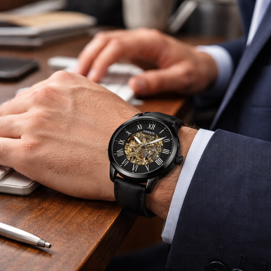 Fossil Skeleton Automatic Black Roman Dial – Black Leather Strap