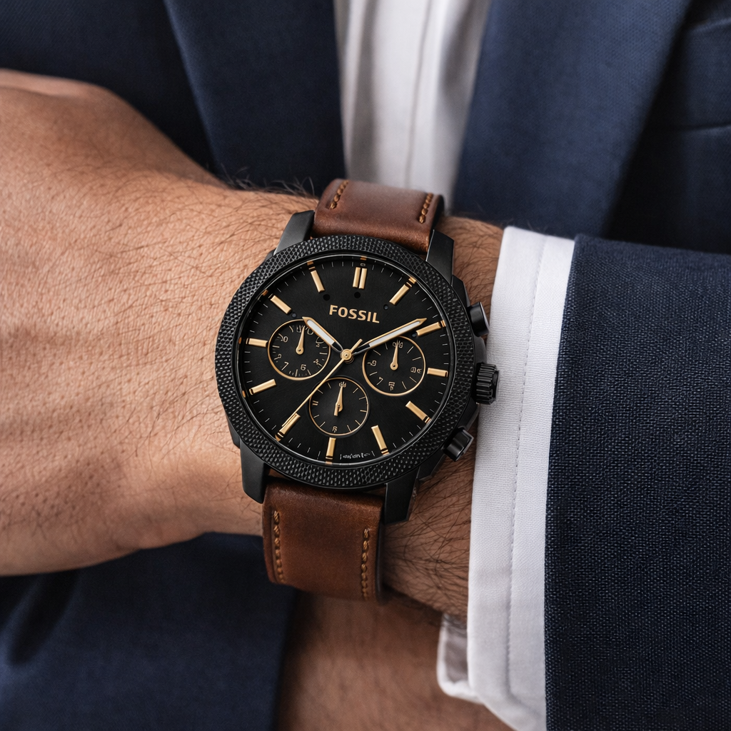 Fossil Chronograph Black Dial Black Case Brown Leather Strap