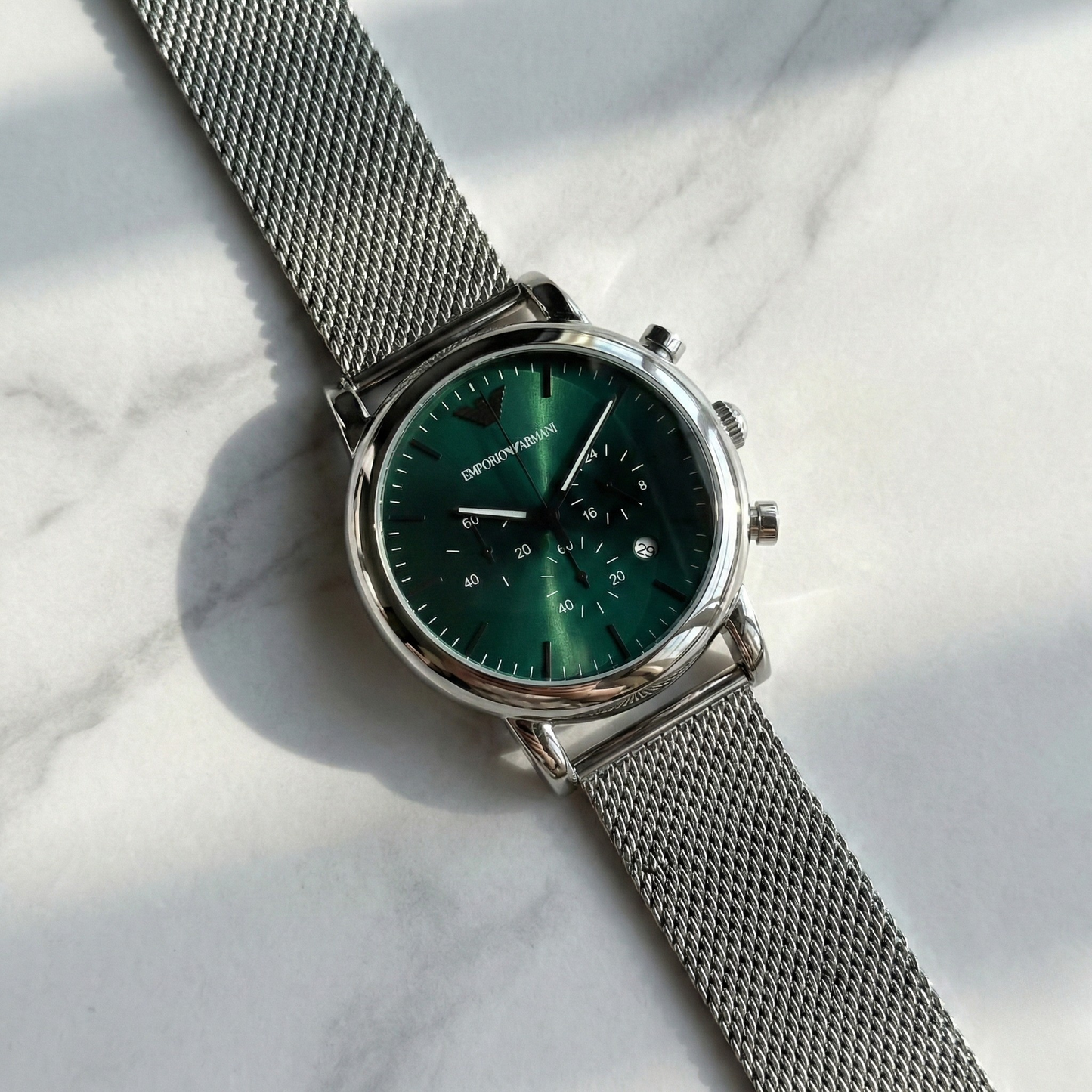 Emporio Armani Silver Mesh Chronograph – Emerald Green Dial