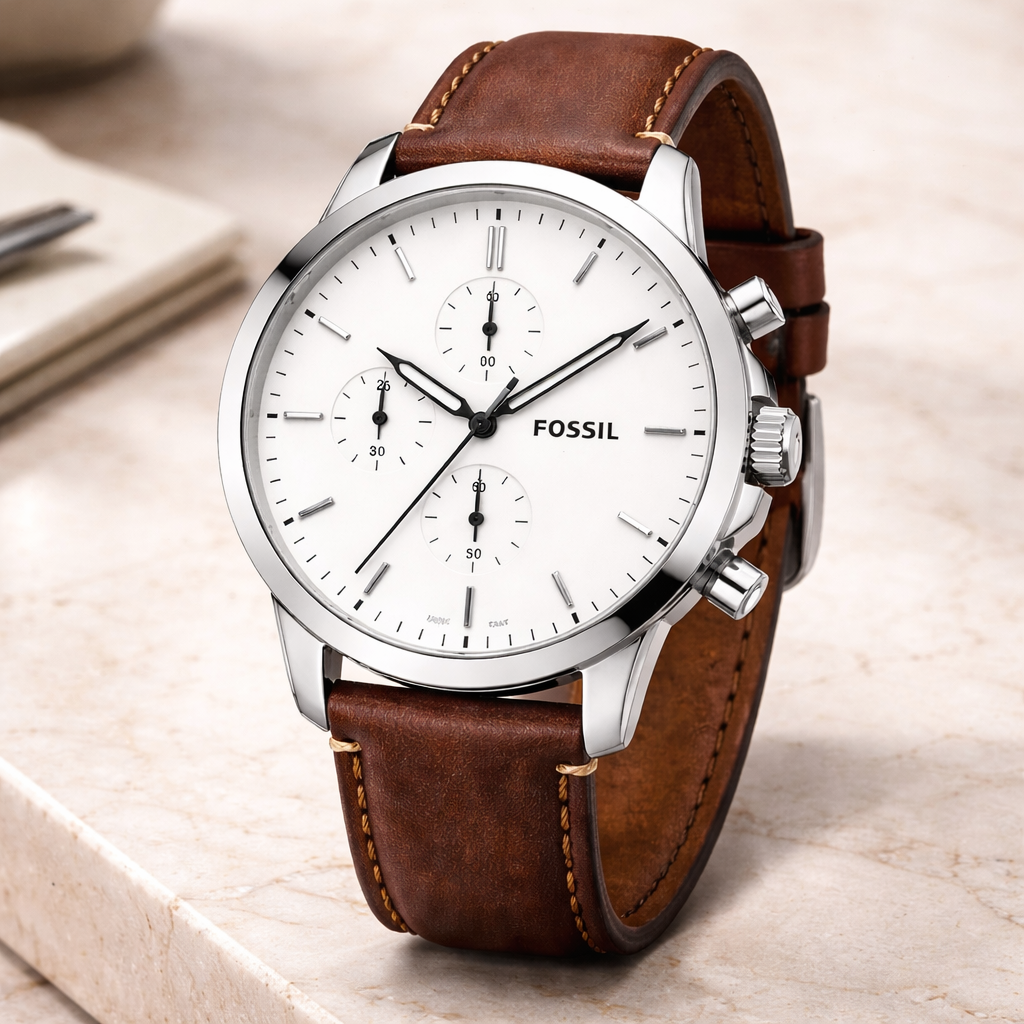 Fossil Chronograph White Dial Silver Case Brown Leather Strap