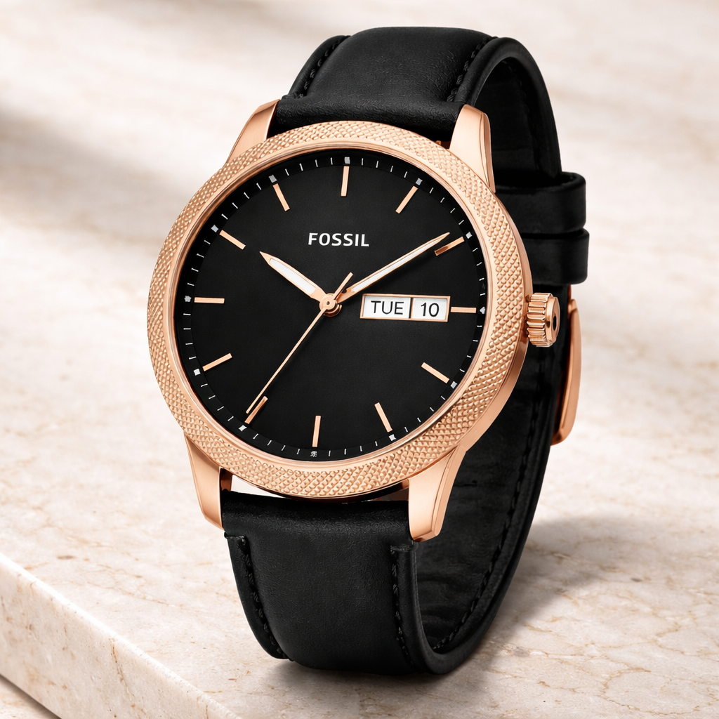 Fossil Minimal Black Dial Rose Gold Case Black Leather Strap