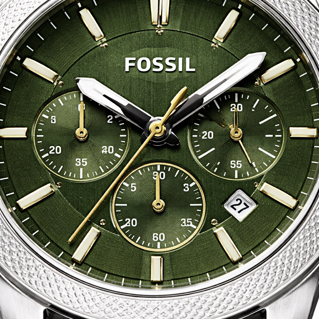 Fossil Chronograph Sport Green Dial – Silver Case Brown Leather Strap