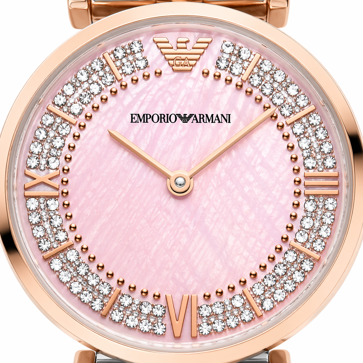 Emporio Armani Crystal Pink Dial Watch – Rose Gold Case Dual Tone Stainless Steel Bracelet