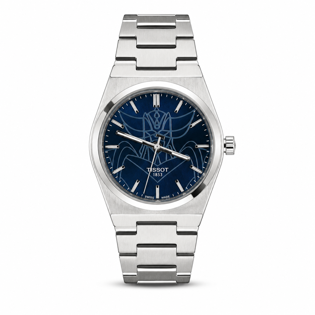 Tissot PRX Inspired Integrated Steel Watch Silver Case Blue Graphic Dial Stainless Steel Bracelet
