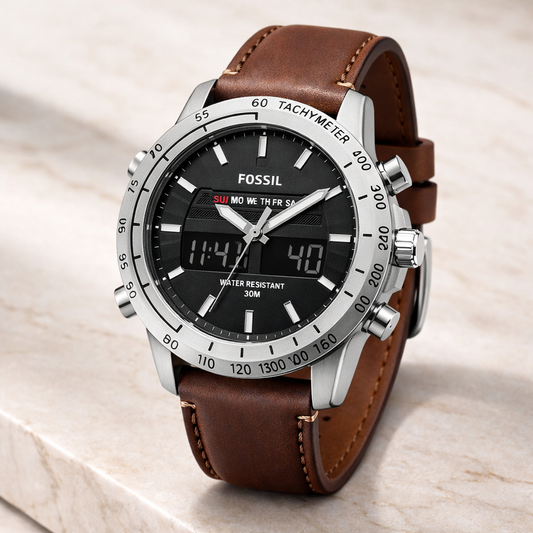 Fossil Hybrid Digital Black Dial Silver Case Brown Leather Strap