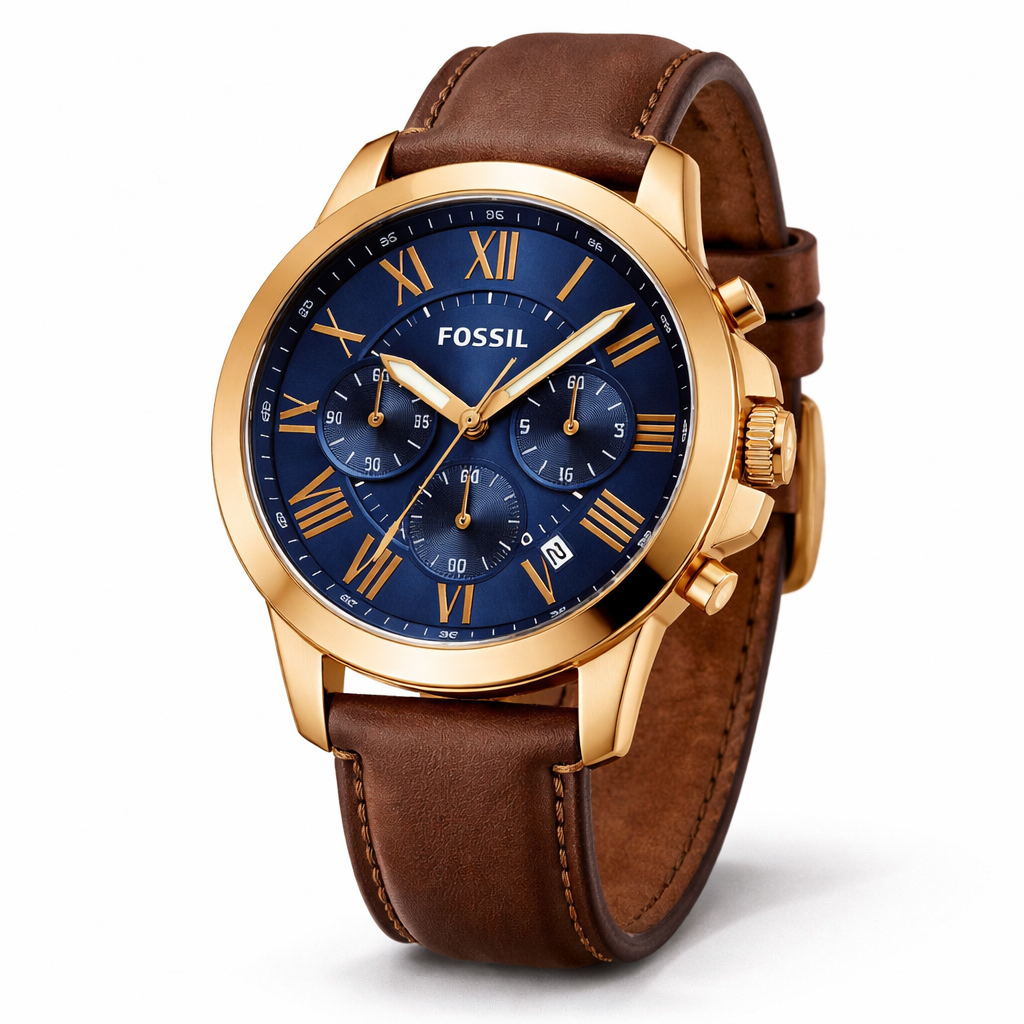 Fossil Chronograph Blue Dial Rose Gold Case Brown Leather Strap