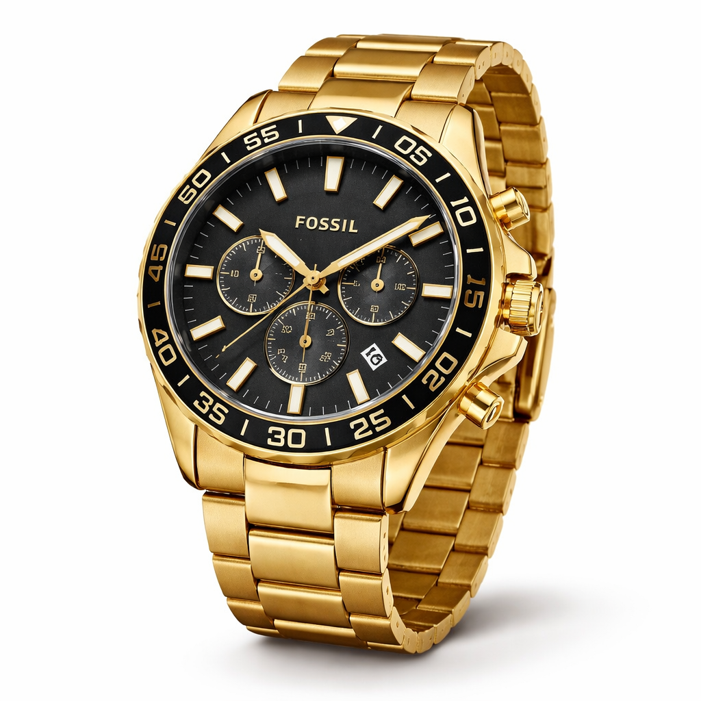 Fossil Chronograph Black Dial Gold Stainless Steel Bracelet