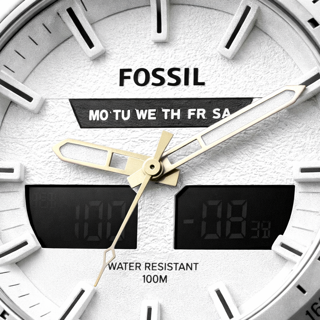 Fossil Hybrid Chronograph White Dial – Silver Case Black Leather Strap