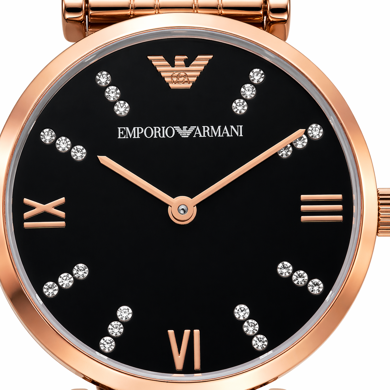 Emporio Armani Black Crystal Dial Watch – Rose Gold Case Stainless Steel Bracelet