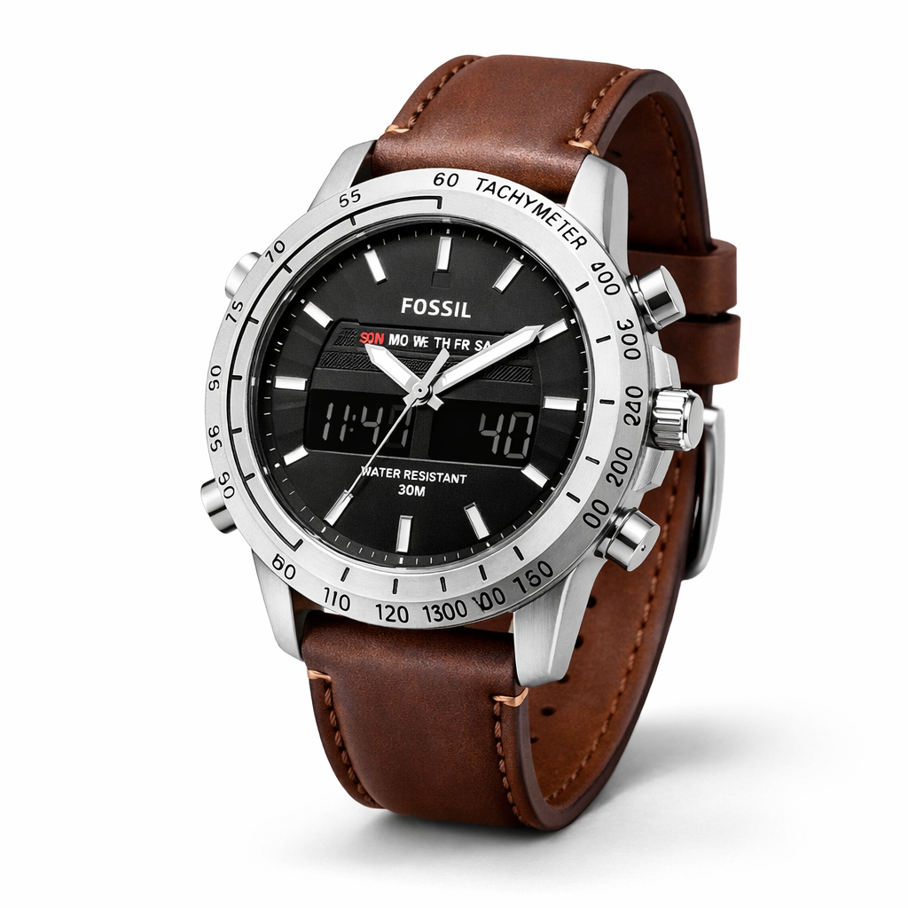 Fossil Hybrid Digital Black Dial Silver Case Brown Leather Strap