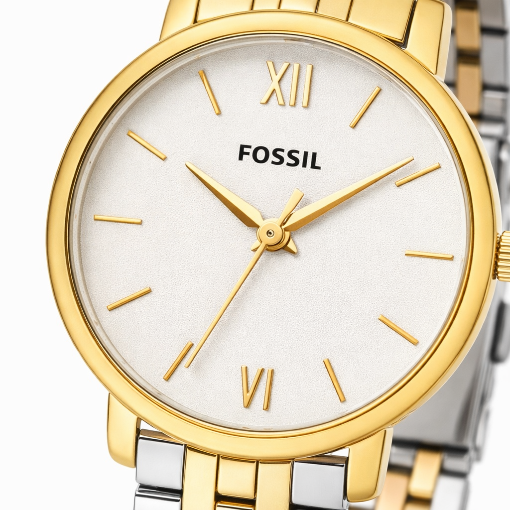 Fossil Classic Minimal White Dial Gold Case Two-Tone Bracelet