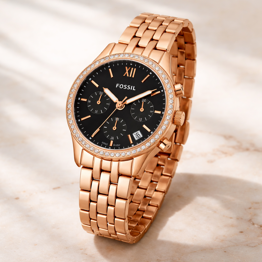 Fossil Chronograph Crystal Bezel Black Dial Rose Gold Stainless Steel Bracelet