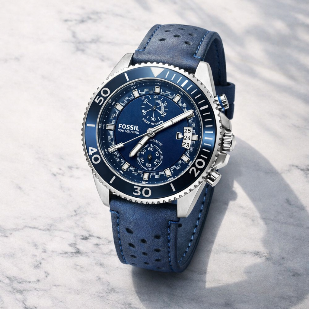 Fossil Chronograph Sport Watch Silver Case Blue Dial Blue Leather Strap