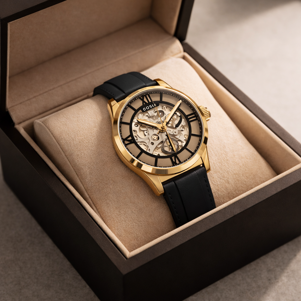 Fossil Skeleton Automatic Gold Case Black Leather Strap