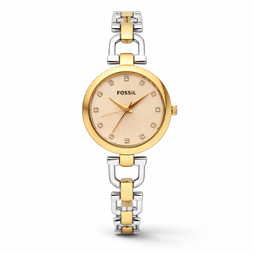 Fossil Elegant Crystal Dial Gold Case Two-Tone Bracelet