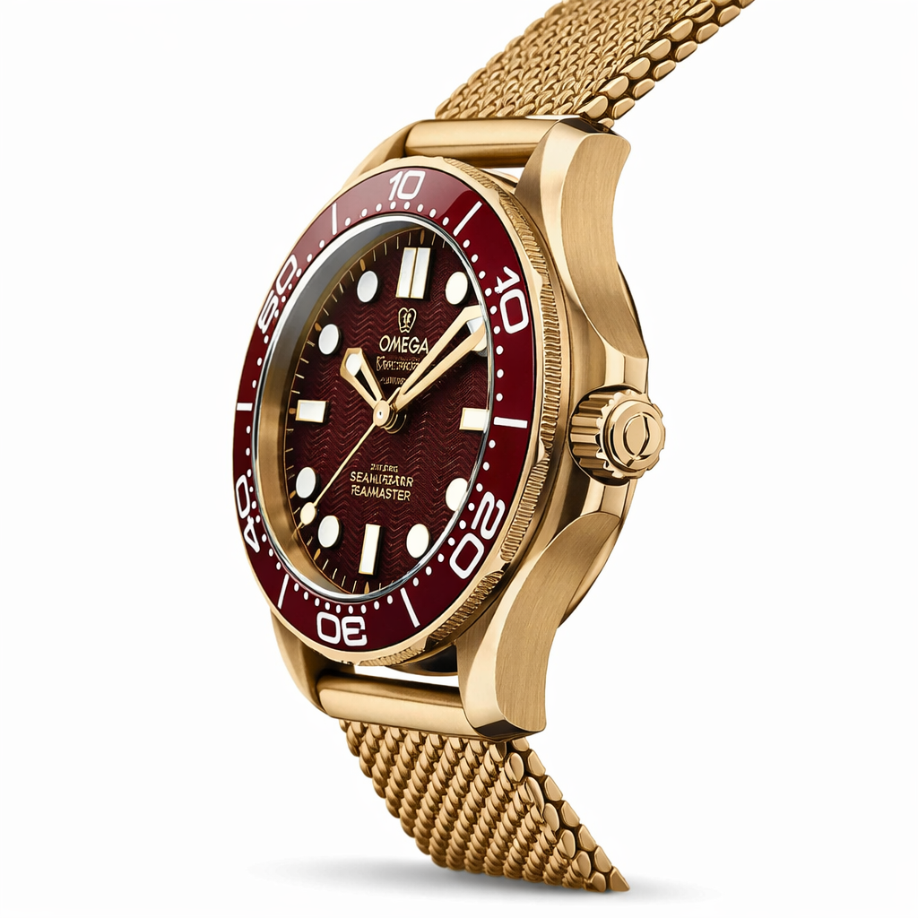 Omega Seamaster Diver Burgundy Dial Gold Mesh Strap
