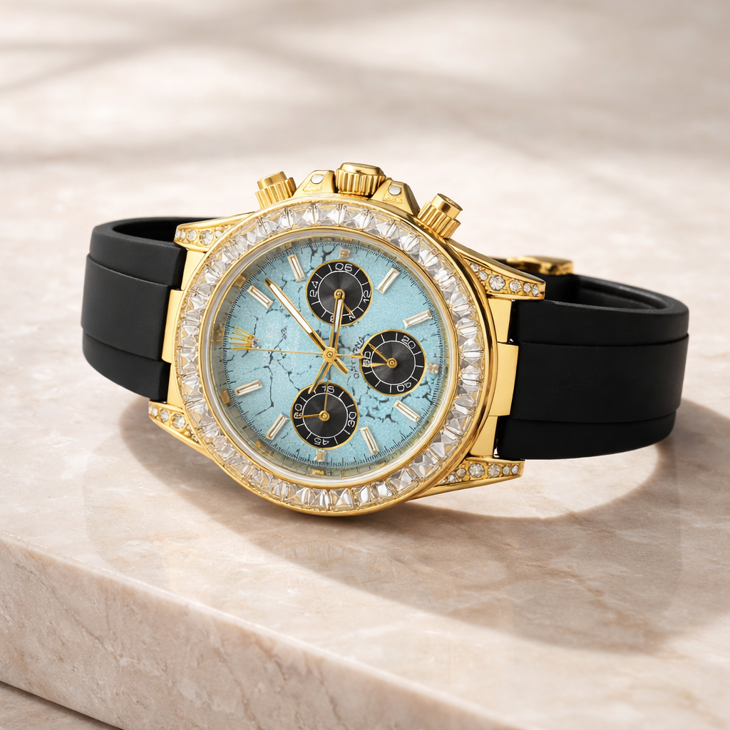 Aurum Chrono Ice Blue Gold Case Rubber Strap Watch