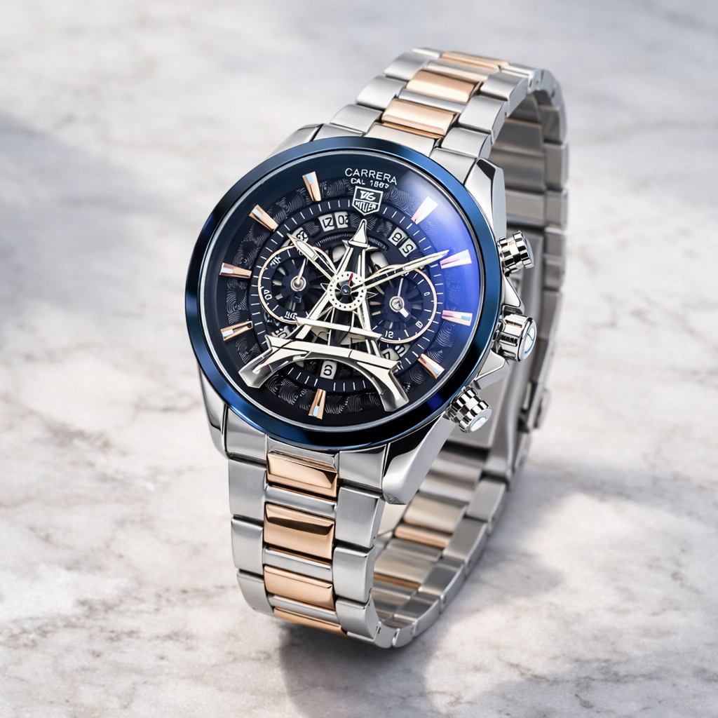 TAG Heuer Carrera Style Skeleton Chronograph Silver Case Two-Tone Steel Bracelet