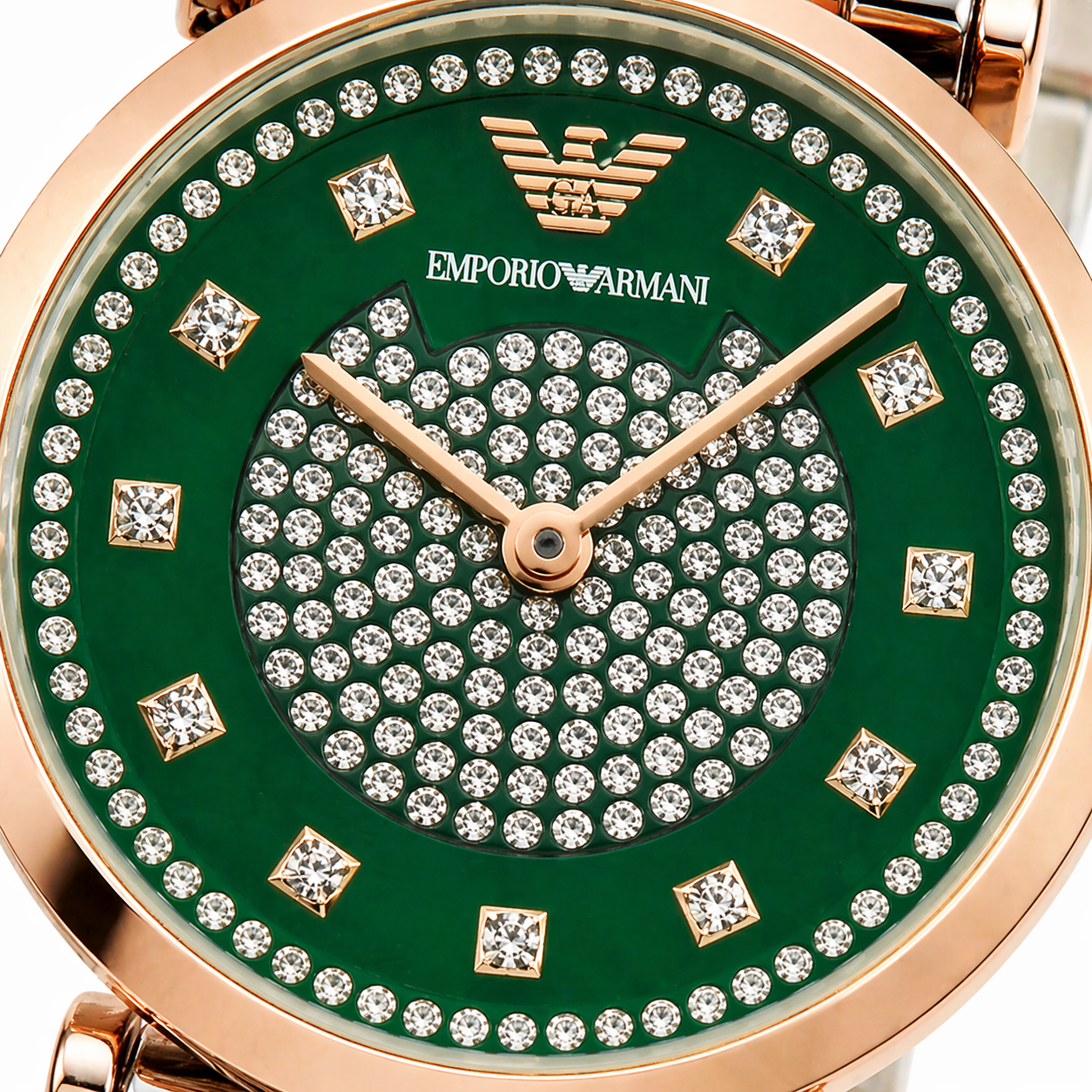 Emporio Armani Emerald Crystal Dial Watch – Rose Gold Case Dual-Tone Stainless Steel Bracelet