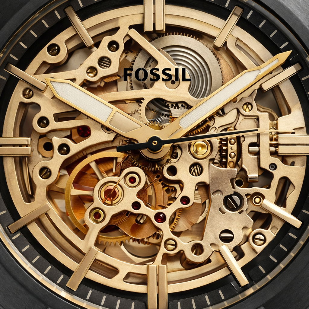 Fossil Skeleton Automatic Black Case Brown Leather Watch