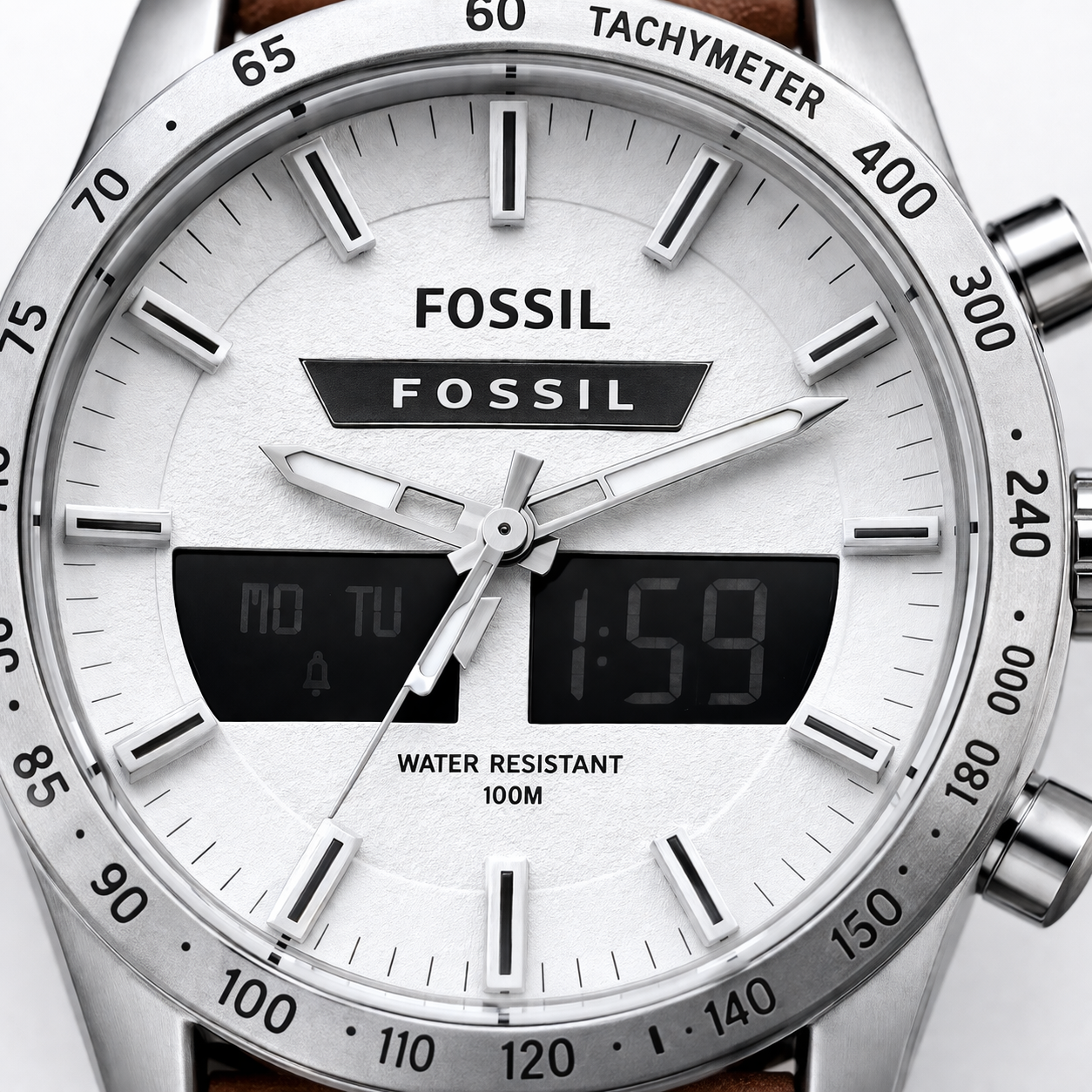 Fossil Hybrid Chronograph White Dial – Silver Case Brown Leather Strap