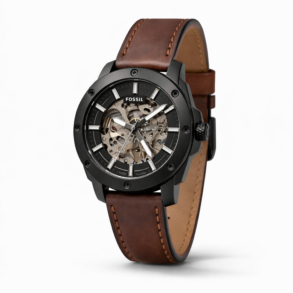 Fossil Automatic Skeleton Black Case Brown Leather Strap