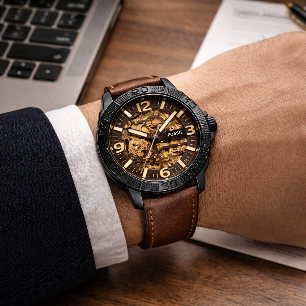 Fossil Automatic Skeleton Brown Dial Black Case Brown Leather Strap