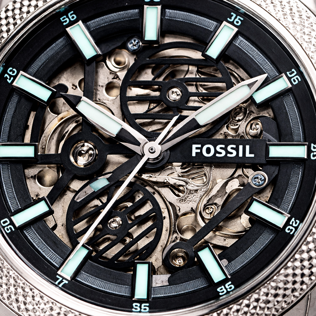 Fossil Automatic Skeleton Black Dial Silver Case Brown Leather Strap