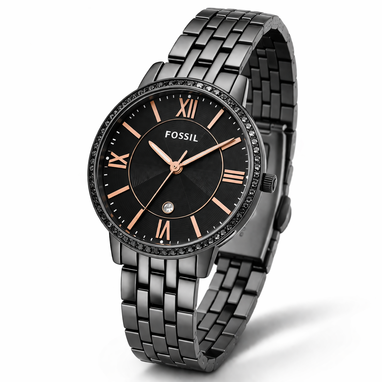 Fossil Crystal Bezel Black Dial Gunmetal Stainless Steel Bracelet