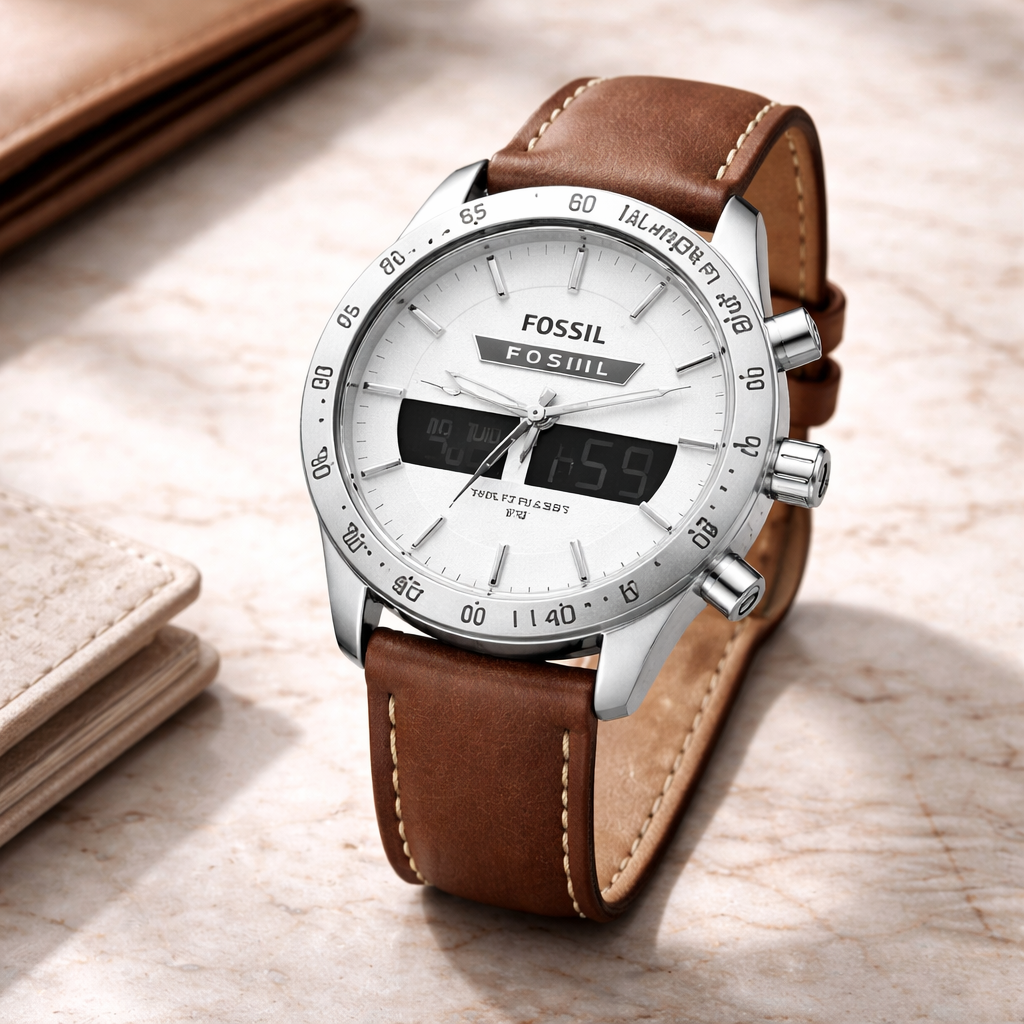 Fossil Hybrid Chronograph White Dial – Silver Case Brown Leather Strap