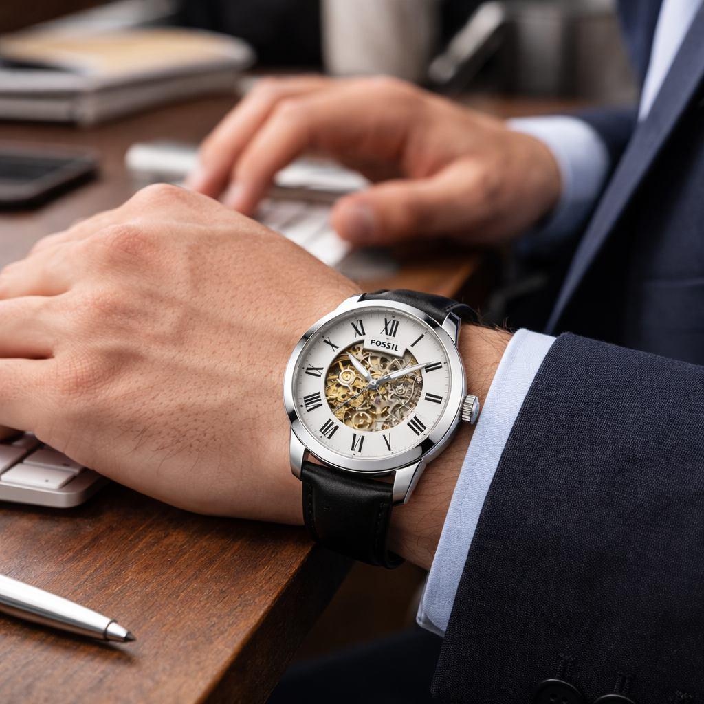 Fossil Skeleton Classic White Roman Dial – Black Leather Strap