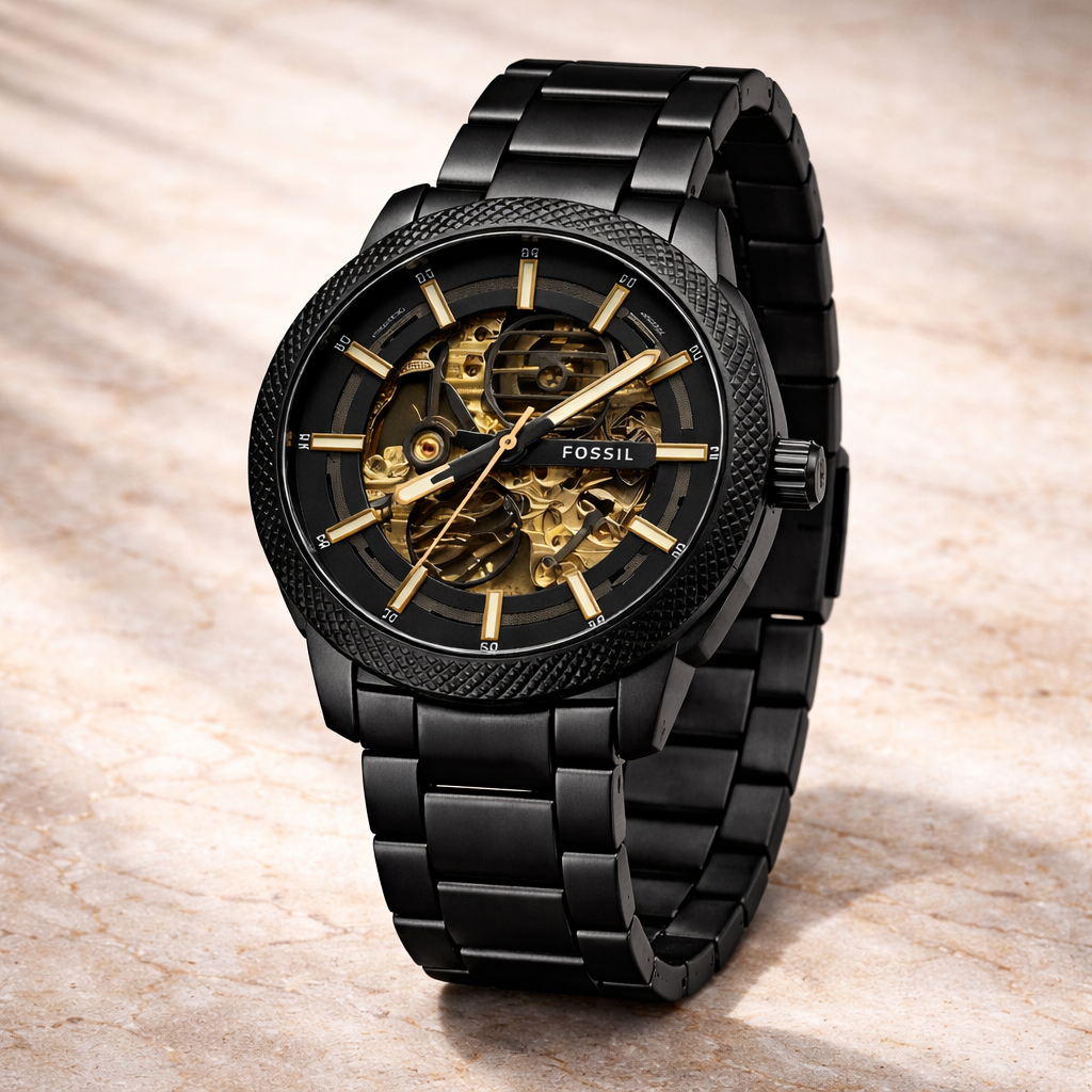 Fossil Automatic Skeleton Black Dial Black Stainless Steel Bracelet
