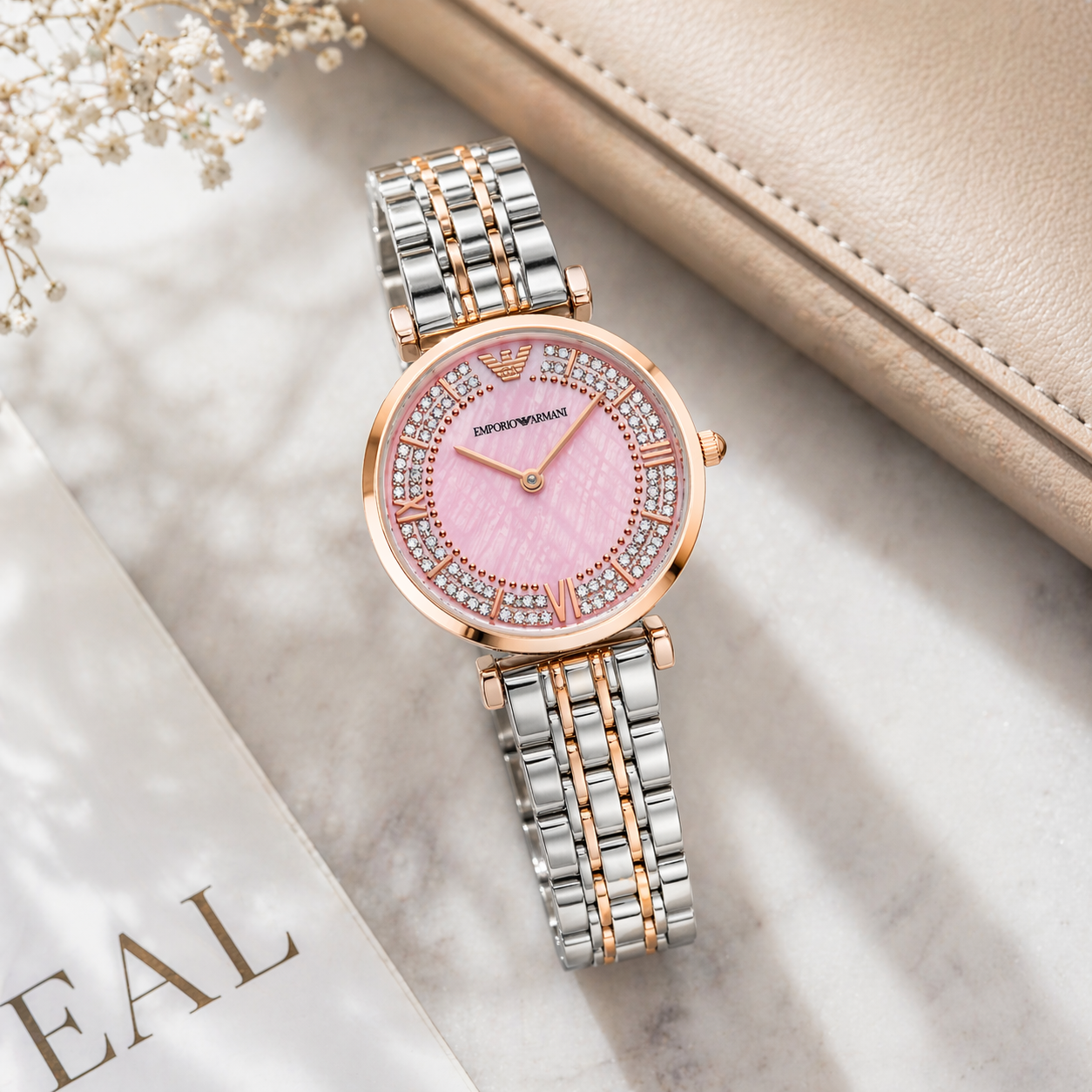 Emporio Armani Crystal Pink Dial Watch – Rose Gold Case Dual Tone Stainless Steel Bracelet