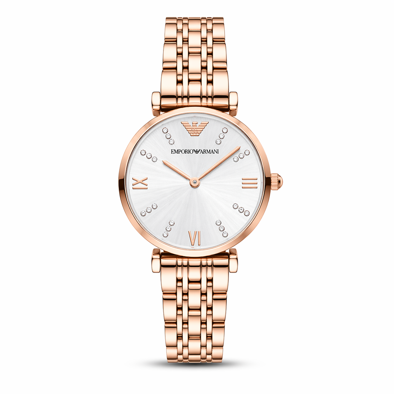 Emporio Armani Minimal Crystal Dial Watch – Rose Gold Case Stainless Steel Bracelet