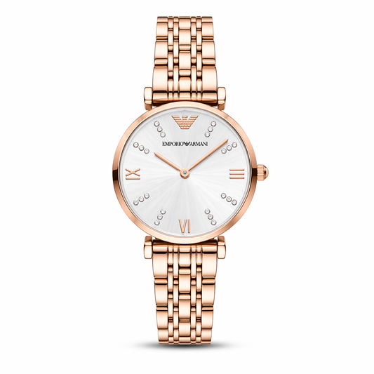 Emporio Armani Minimal Crystal Dial Watch – Rose Gold Case Stainless Steel Bracelet