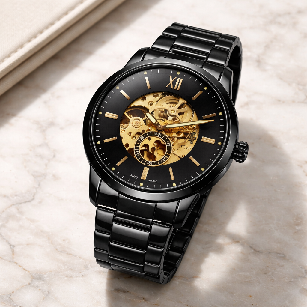 Fossil Skeleton Automatic Black Dial – Black Steel Bracelet