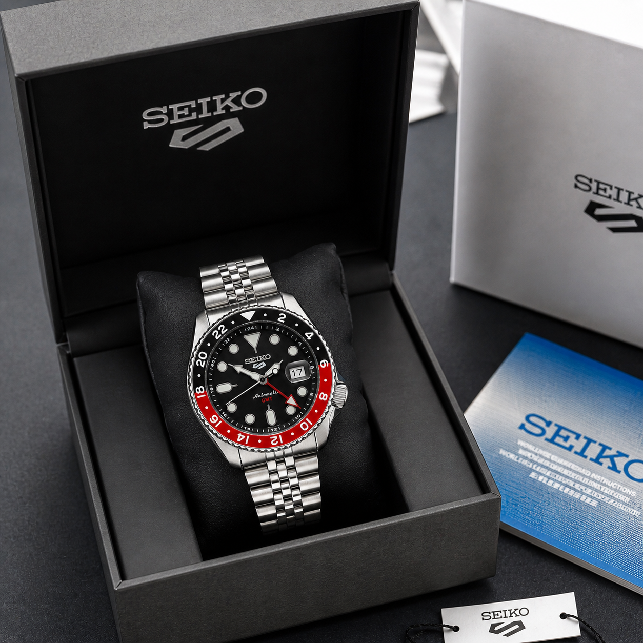 Seiko 5 GMT Automatic Stainless Steel Black Dial Jubilee Watch