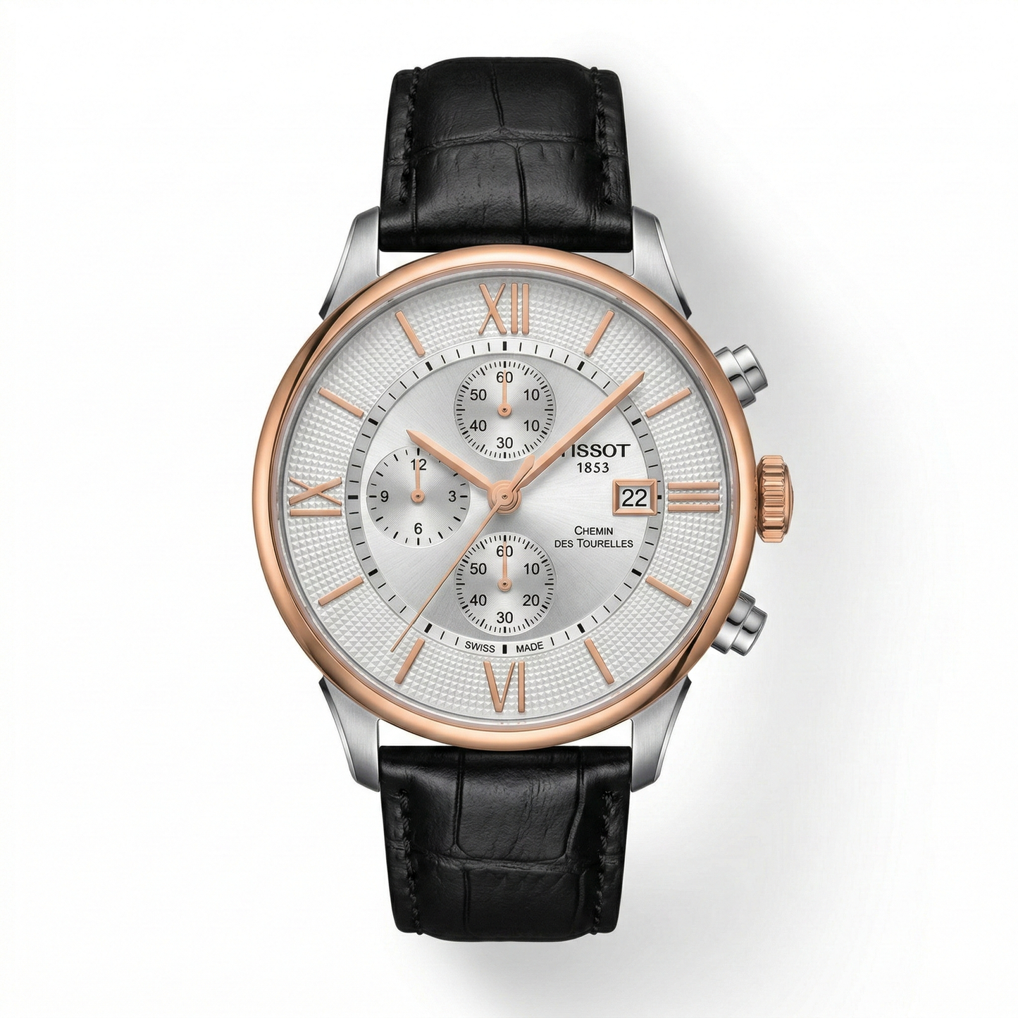 Tissot Chemin 1853 – Silver Dial Rose Gold Chronograph Black Leather