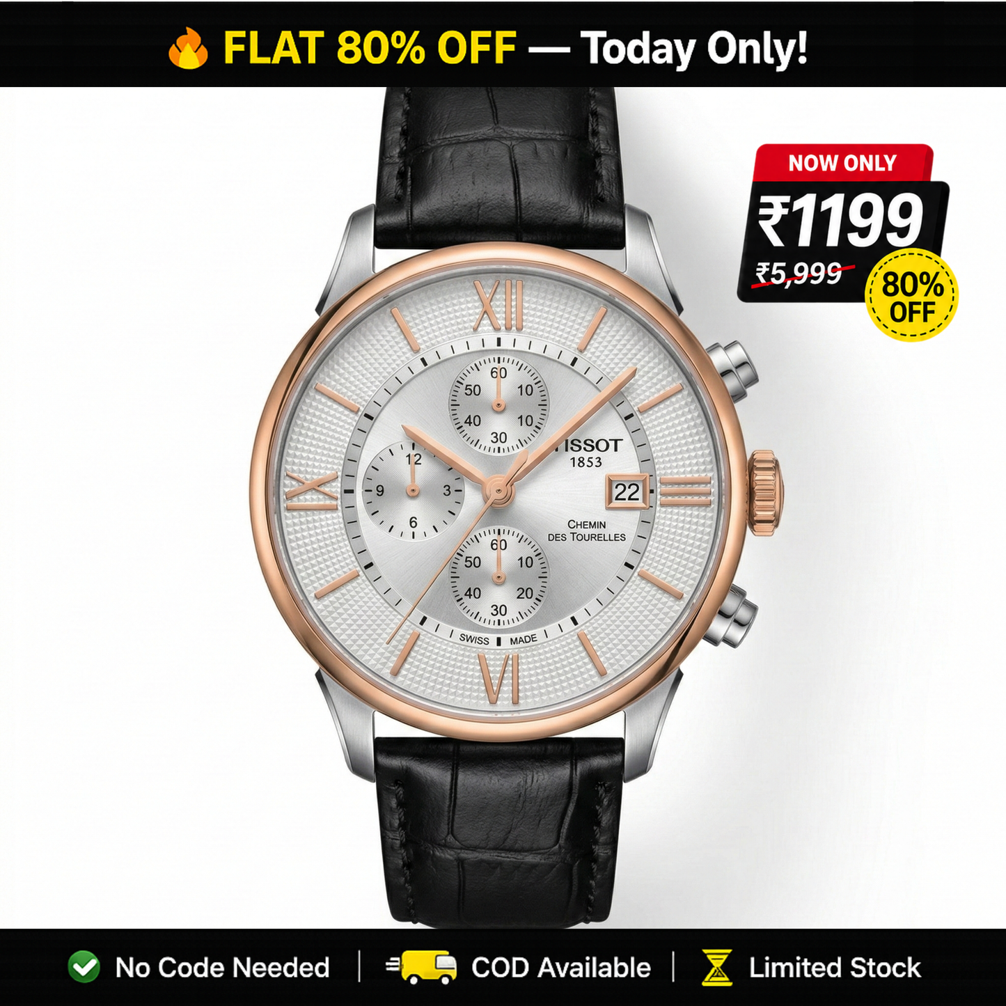 Tissot Chemin 1853 – Silver Dial Rose Gold Chronograph Black Leather