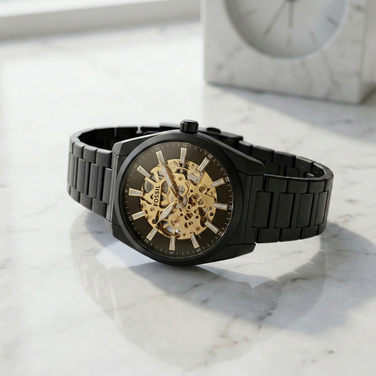 Fossil Everett Automatic Skeleton Black Case Black Stainless Steel Bracelet