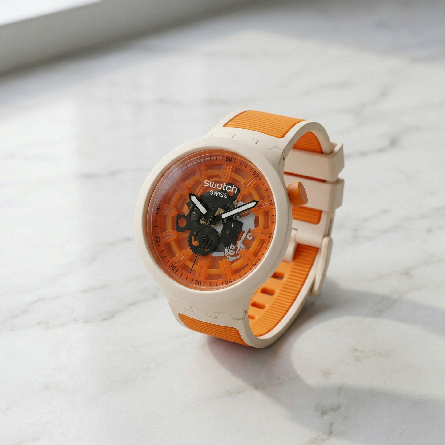 Swatch Swiss Skeleton Round White Case Blue Silicone Strap