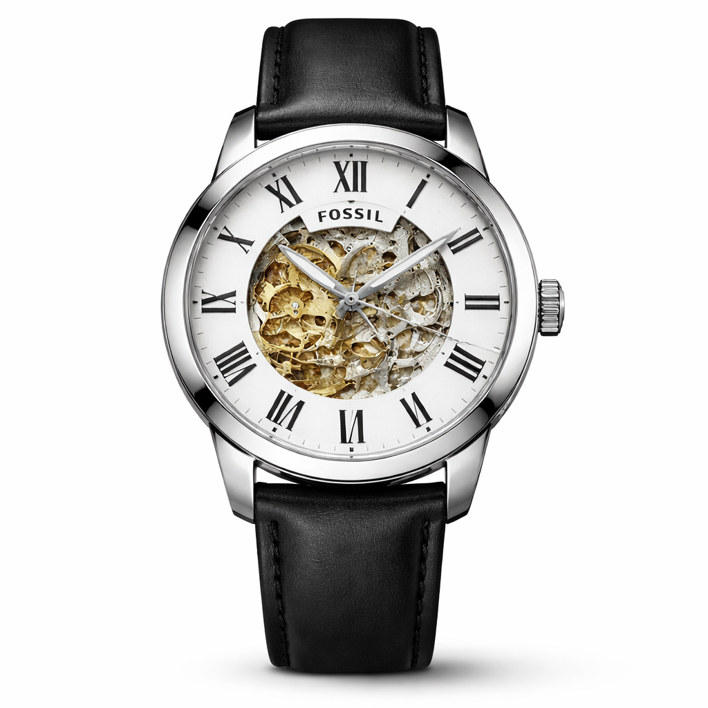 Fossil Skeleton Classic White Roman Dial – Black Leather Strap