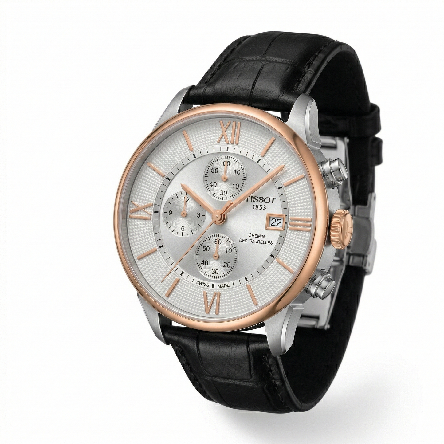 Tissot Chemin 1853 – Silver Dial Rose Gold Chronograph Black Leather