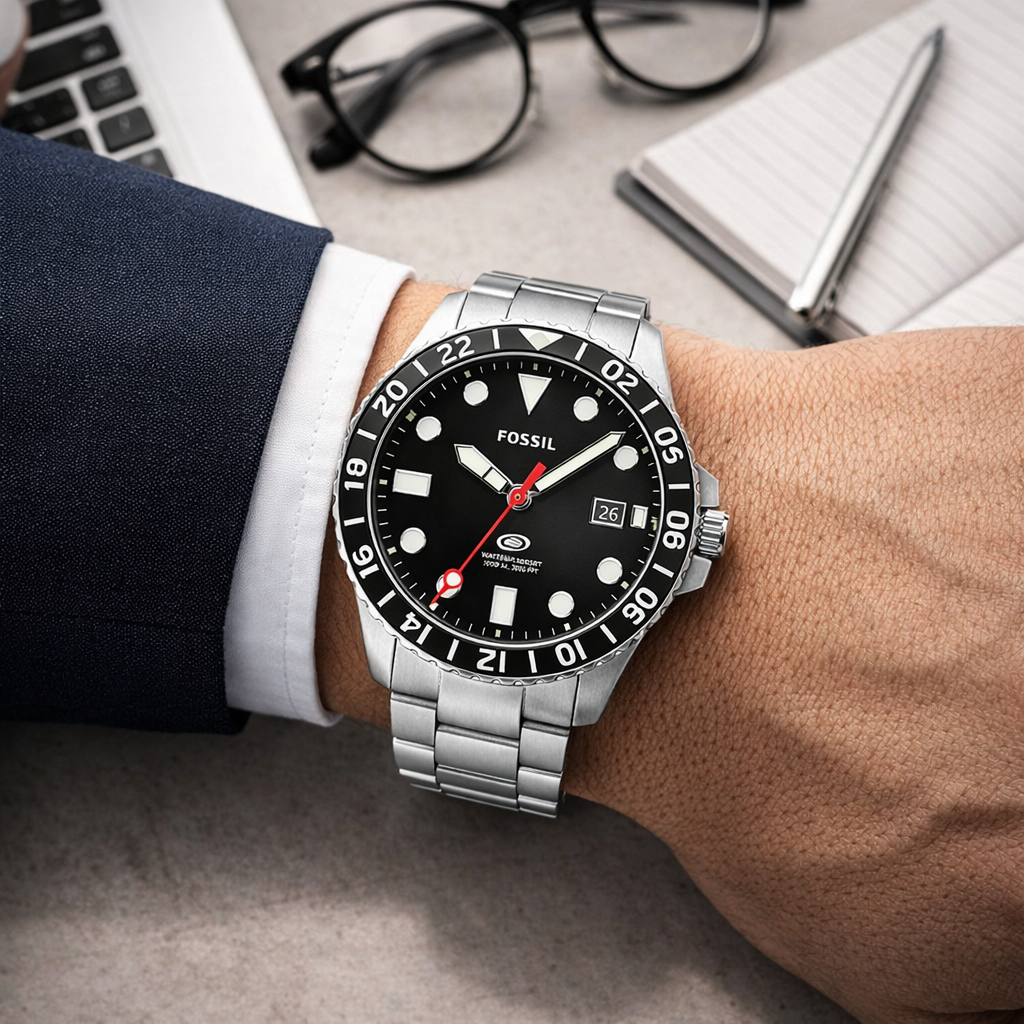 Fossil Diver Style Black Dial Silver Stainless Steel Bracelet