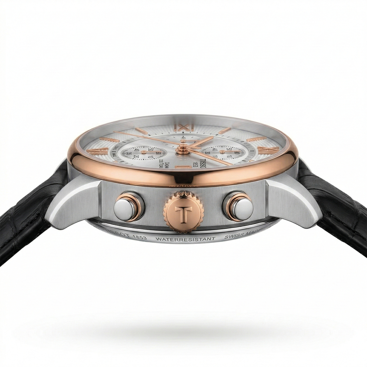 Tissot Chemin 1853 – Silver Dial Rose Gold Chronograph Black Leather