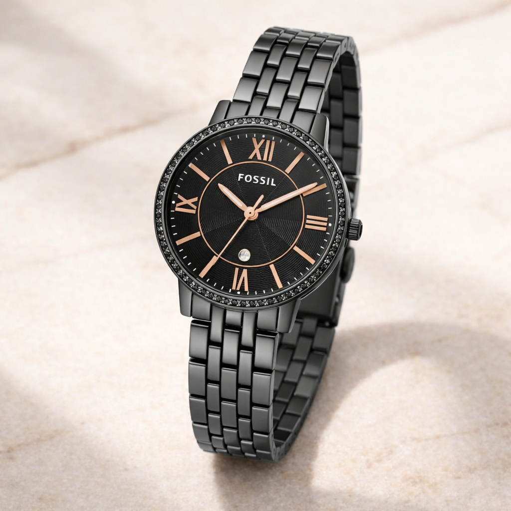 Fossil Crystal Bezel Black Dial Gunmetal Stainless Steel Bracelet