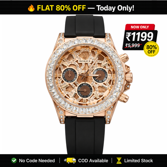 Elite Skeleton Chronograph Watch – Rose Gold Diamond Case Black Rubber Strap